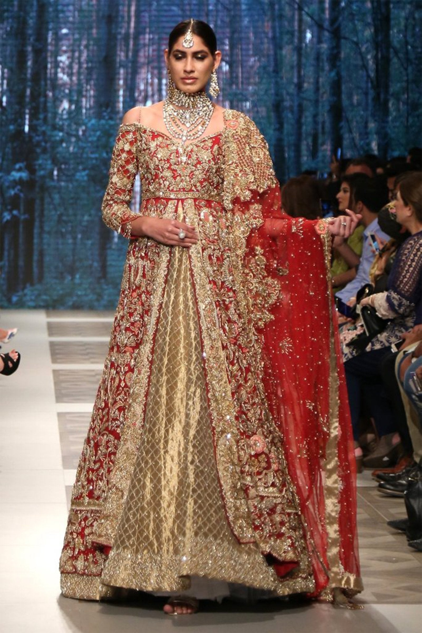 Pakistani Scarlet Red & Gold Embroidered Net Bridal Lehenga (3-Piece) - Image 1