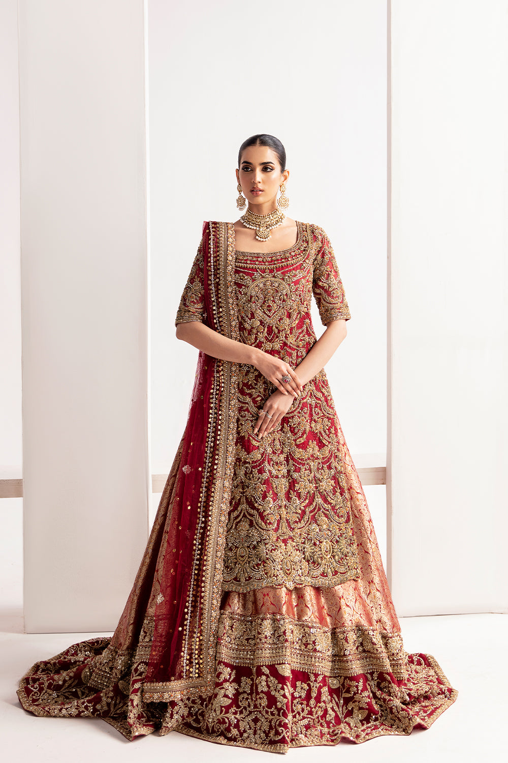 Pakistani Red Zardozi Net Bridal Lehenga (3-Piece) - Image 1