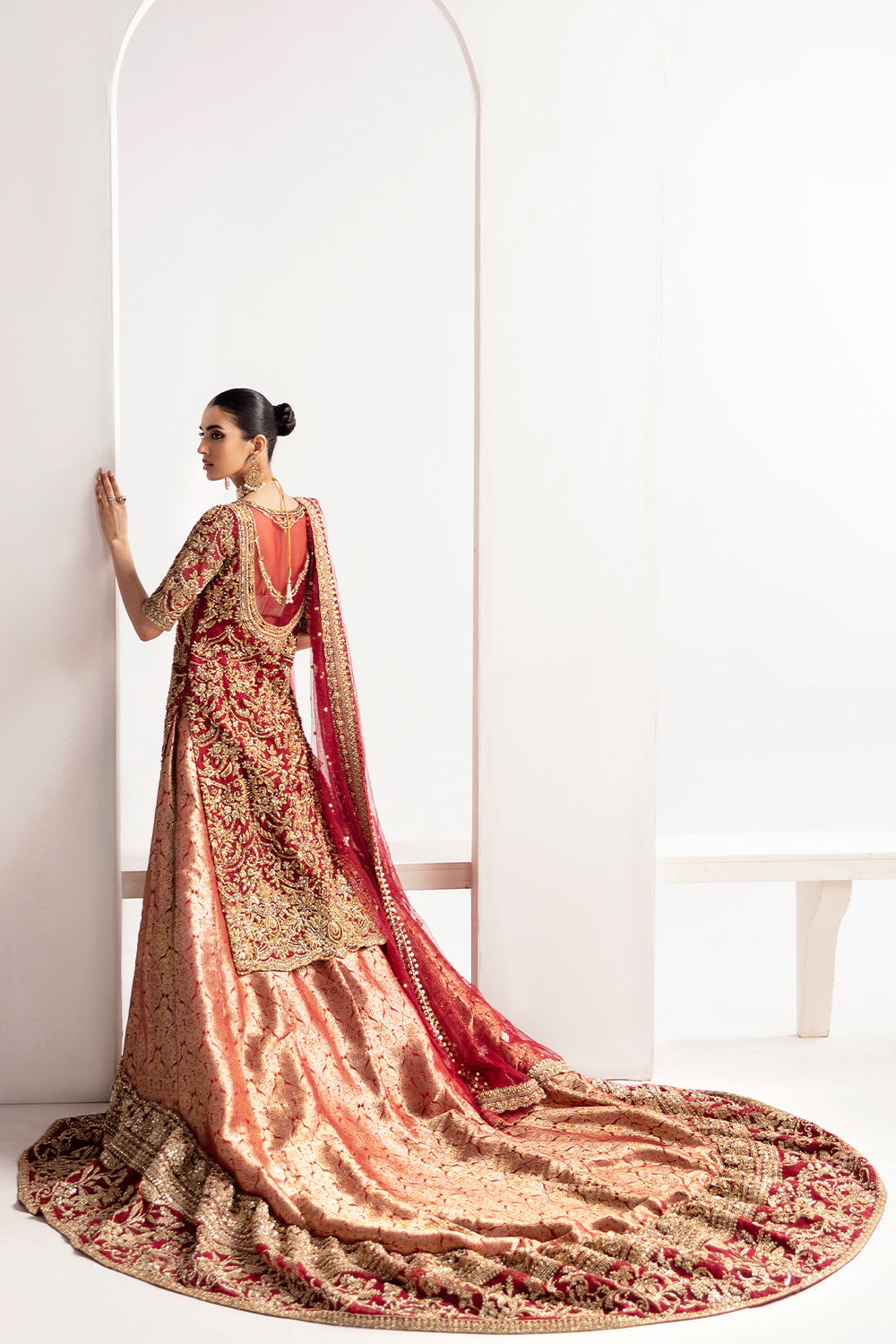 Pakistani Red Zardozi Net Bridal Lehenga (3-Piece) - Image 2