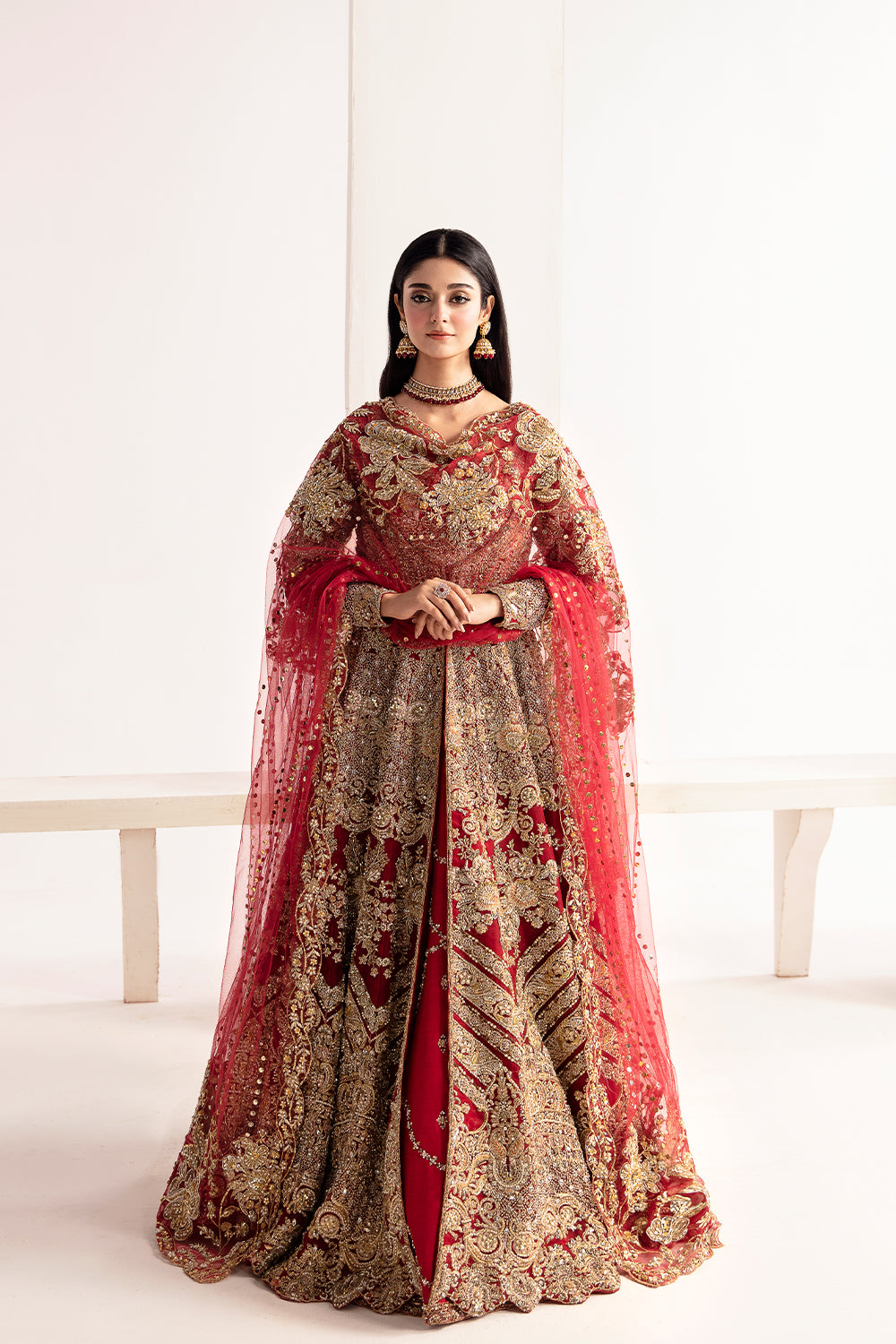 Pakistani Red & Gold Zardozi Net Bridal Lehenga (3-Piece) - Image 1
