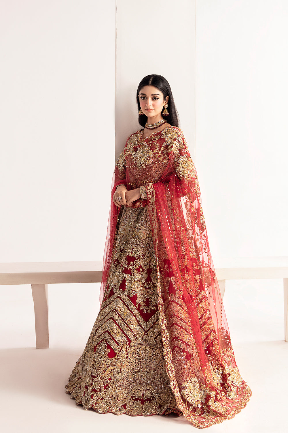 Pakistani Red & Gold Zardozi Net Bridal Lehenga (3-Piece) - Image 2