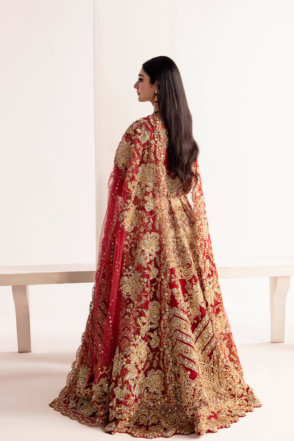 Pakistani Red & Gold Zardozi Net Bridal Lehenga (3-Piece) - Image 3
