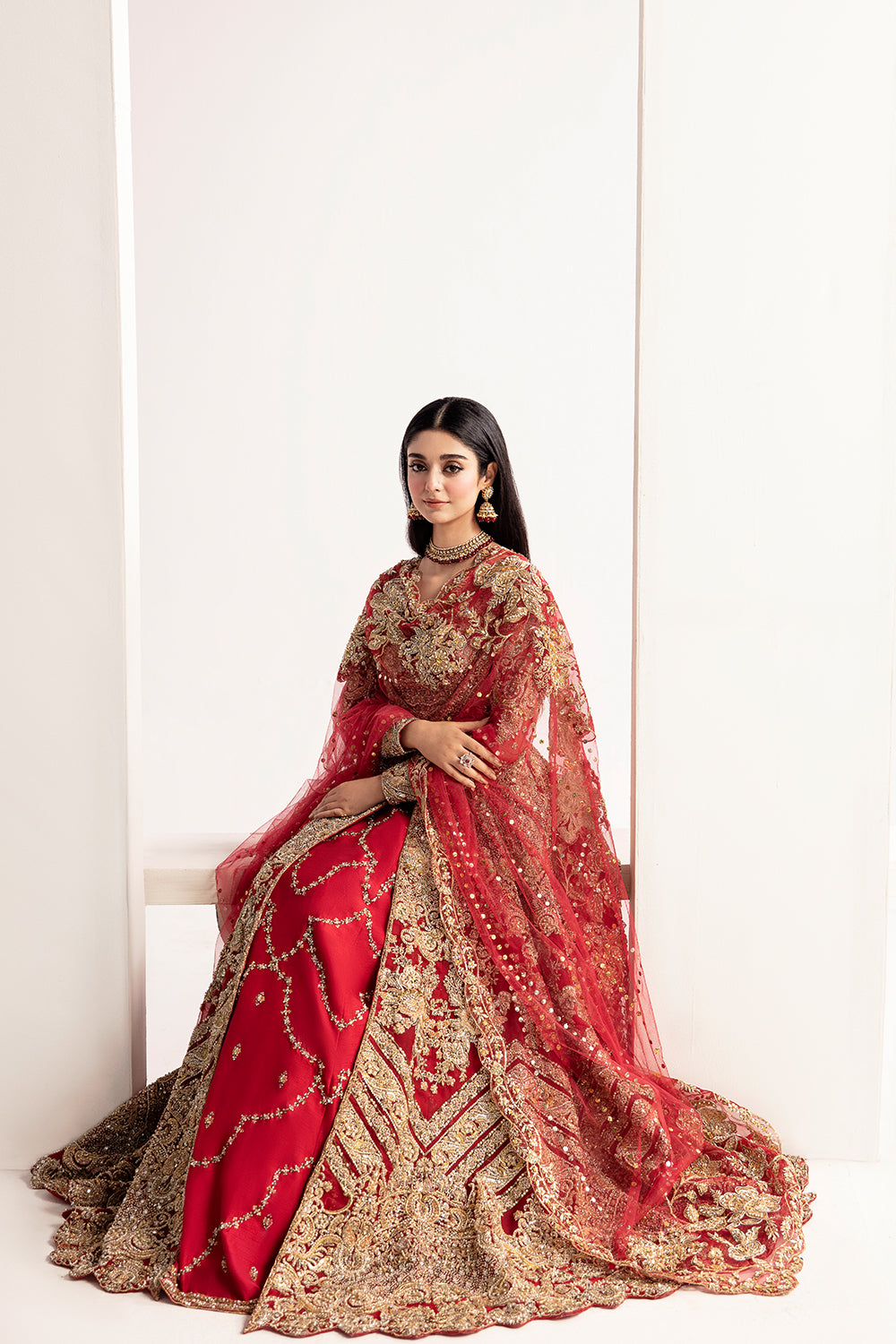 Pakistani Red & Gold Zardozi Net Bridal Lehenga (3-Piece) - Image 4