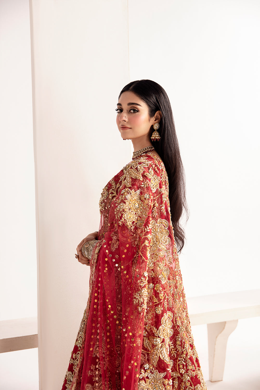 Pakistani Red & Gold Zardozi Net Bridal Lehenga (3-Piece) - Image 5