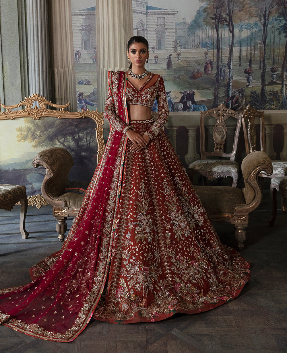 Pakistani Rust Hand Embellished Net Lehenga Choli (3-Piece) - Image 2