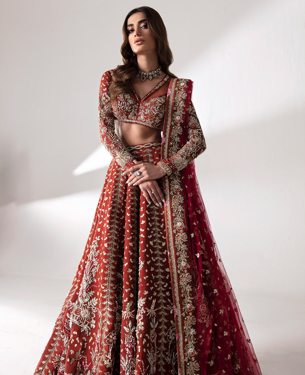 Pakistani Rust Hand Embellished Net Lehenga Choli (3-Piece) - Image 3