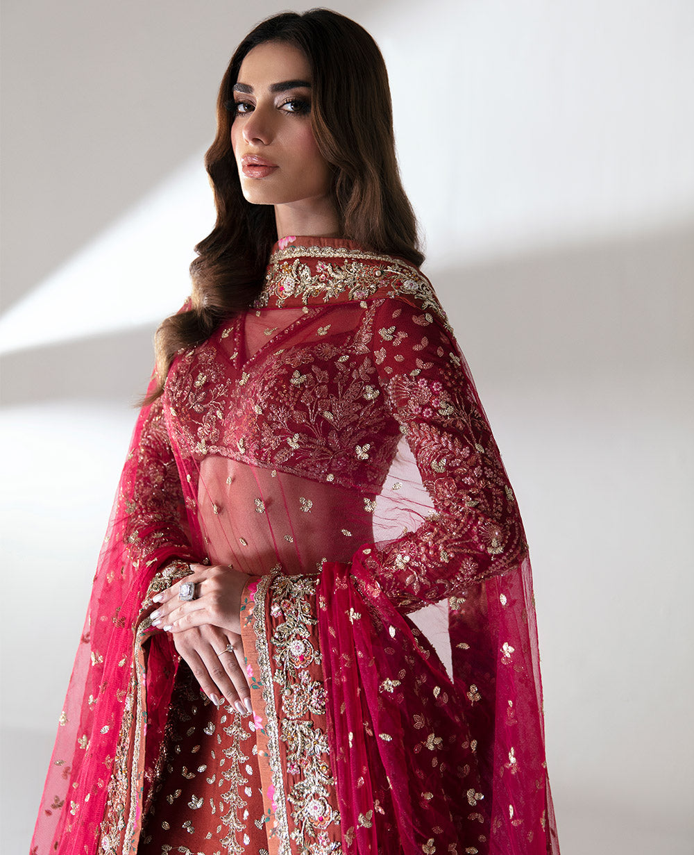 Pakistani Rust Hand Embellished Net Lehenga Choli (3-Piece) - Image 5