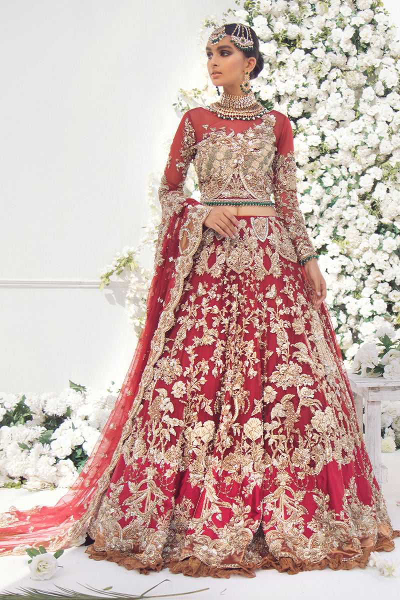 Red Embroidered Net Bridal Lehenga (3-Piece) - Image 1