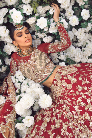 Red Embroidered Net Bridal Lehenga (3-Piece) - Image 4