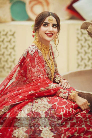 Pakistani Red Zardozi Net Bridal Lehenga (3-Piece) - Image 2