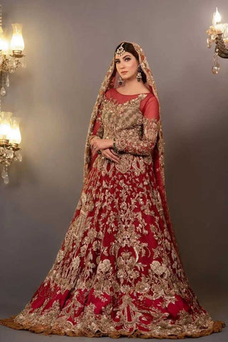Deep Red Zardozi Net Bridal Lehenga (3-Piece) - Image 2