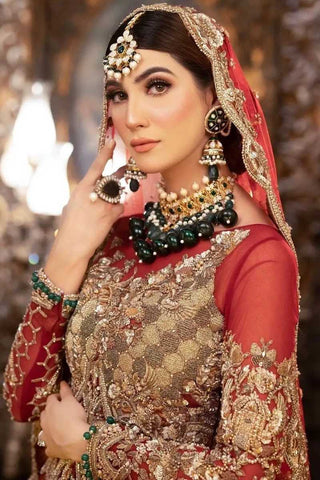 Deep Red Zardozi Net Bridal Lehenga (3-Piece) - Image 3