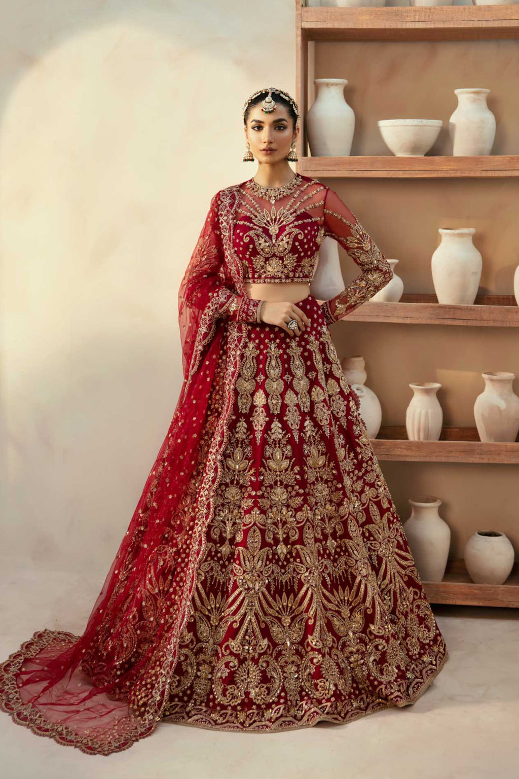 Deep Red Hand-Embellished Net Bridal Lehenga (3-Piece) - Image 1