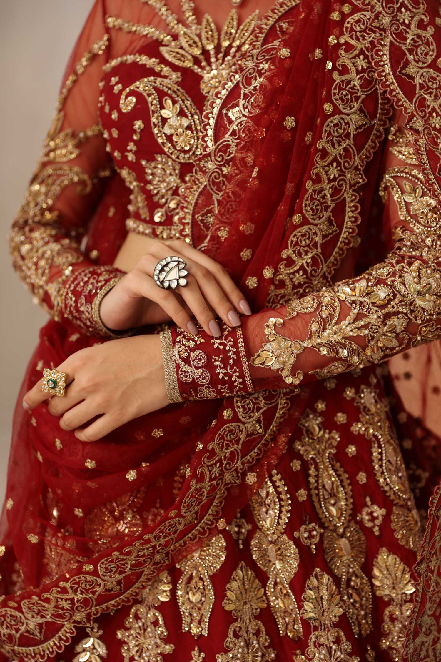 Deep Red Hand-Embellished Net Bridal Lehenga (3-Piece) - Image 10