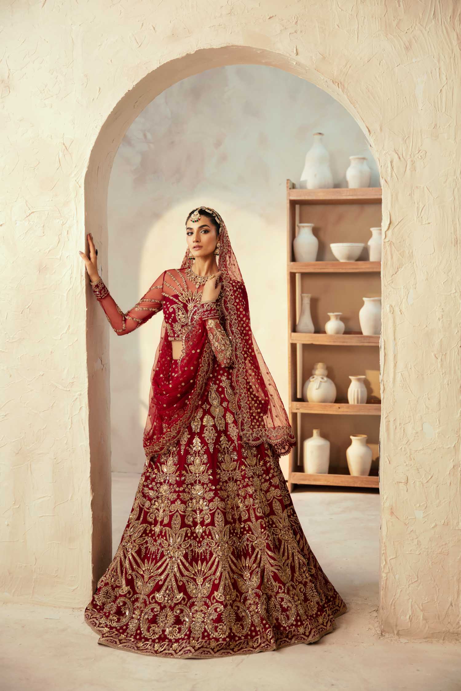 Deep Red Hand-Embellished Net Bridal Lehenga (3-Piece) - Image 12