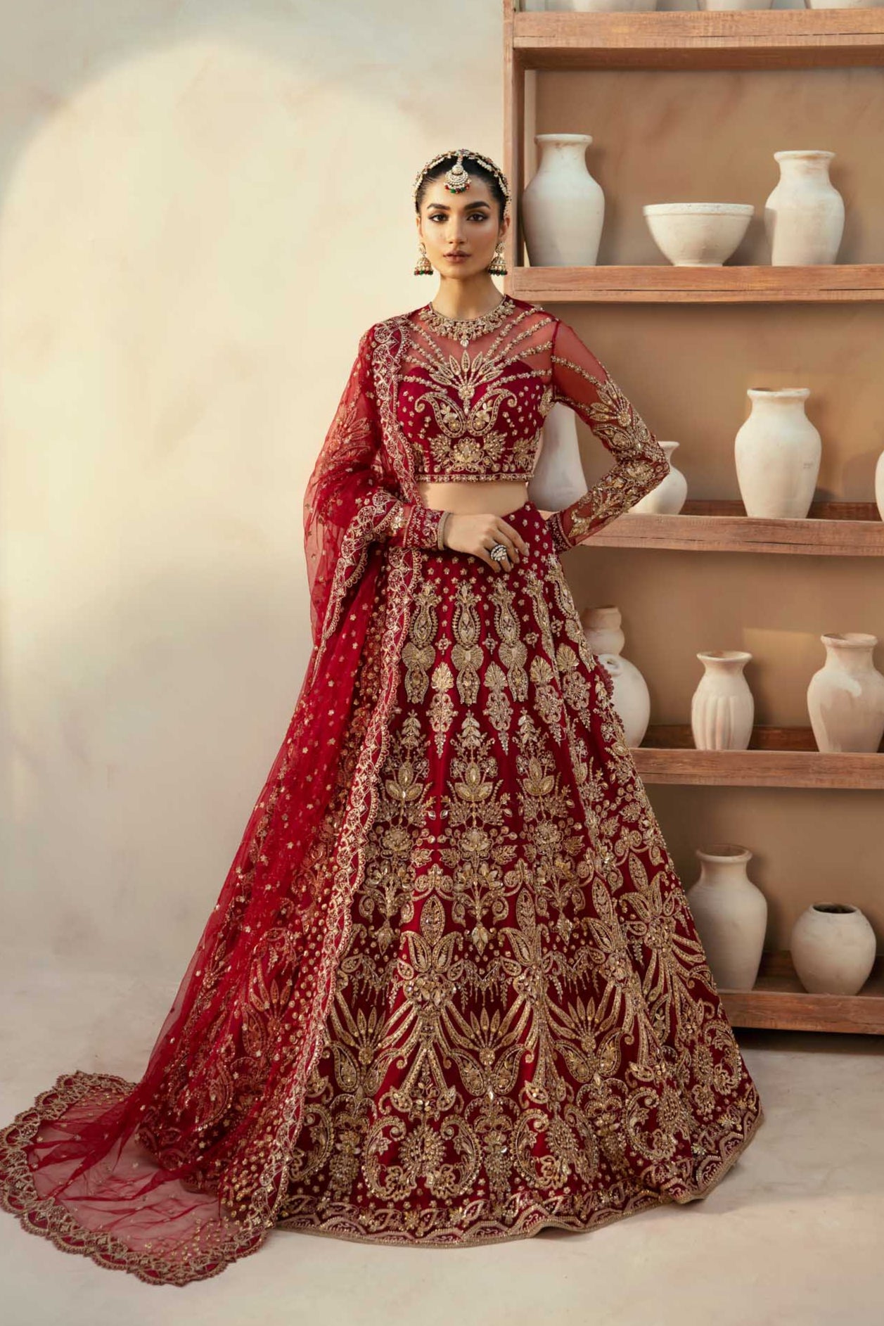 Deep Red Hand-Embellished Net Bridal Lehenga (3-Piece) - Image 2