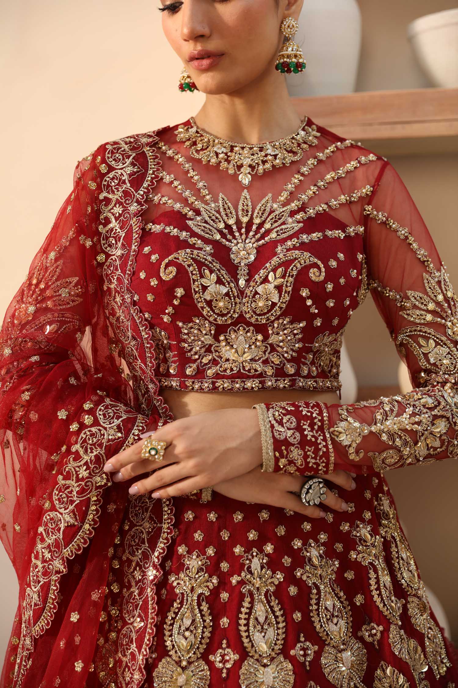 Deep Red Hand-Embellished Net Bridal Lehenga (3-Piece) - Image 3