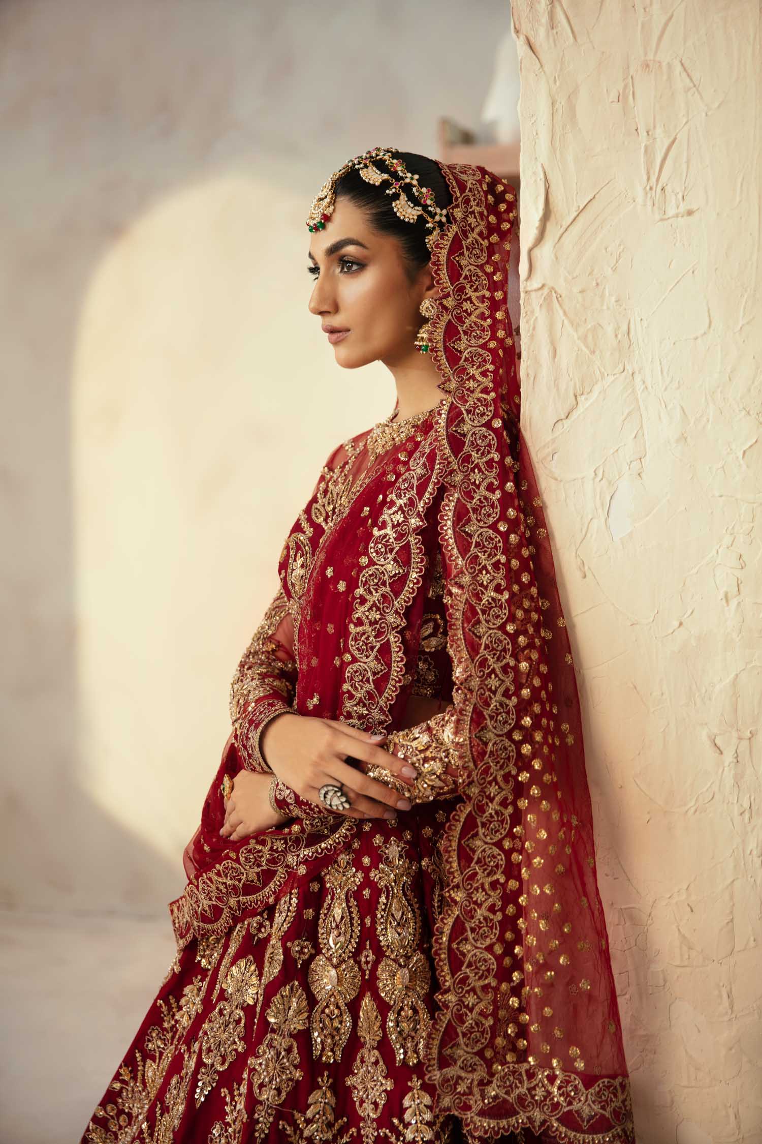 Deep Red Hand-Embellished Net Bridal Lehenga (3-Piece) - Image 4