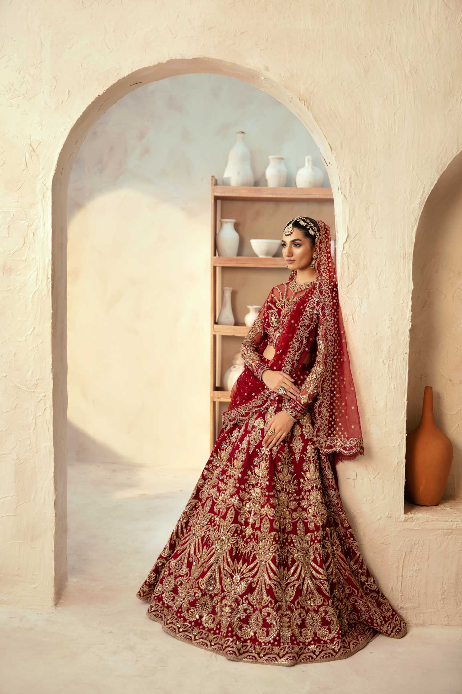 Deep Red Hand-Embellished Net Bridal Lehenga (3-Piece) - Image 5