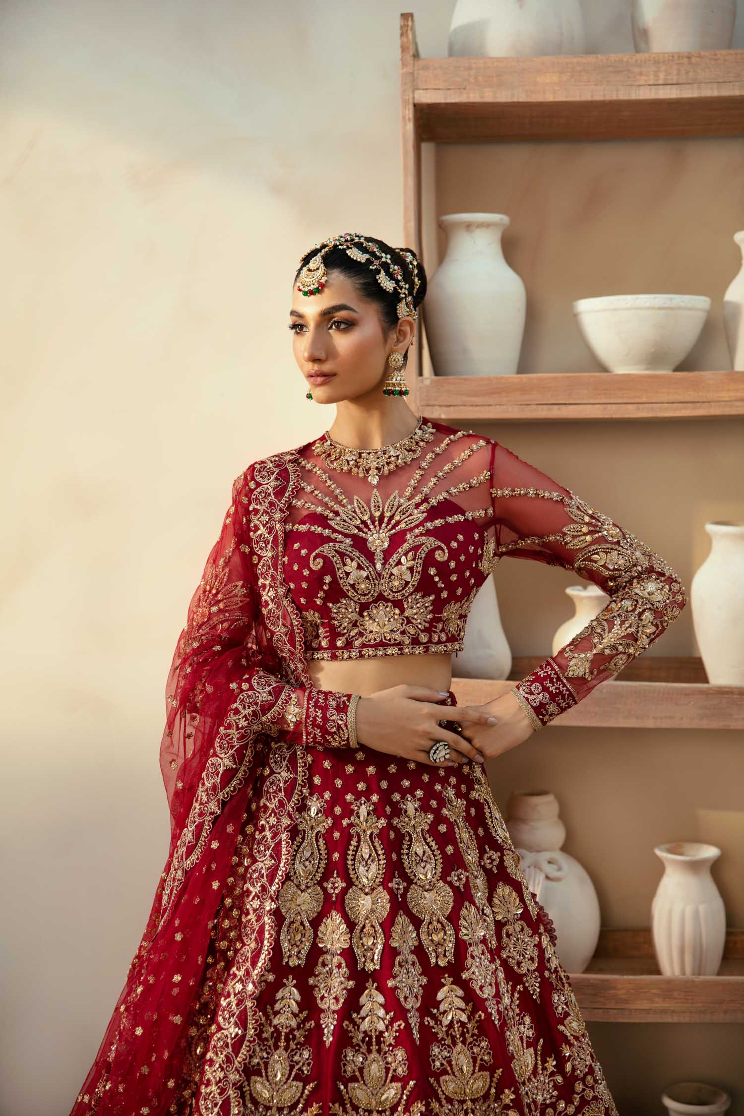 Deep Red Hand-Embellished Net Bridal Lehenga (3-Piece) - Image 6
