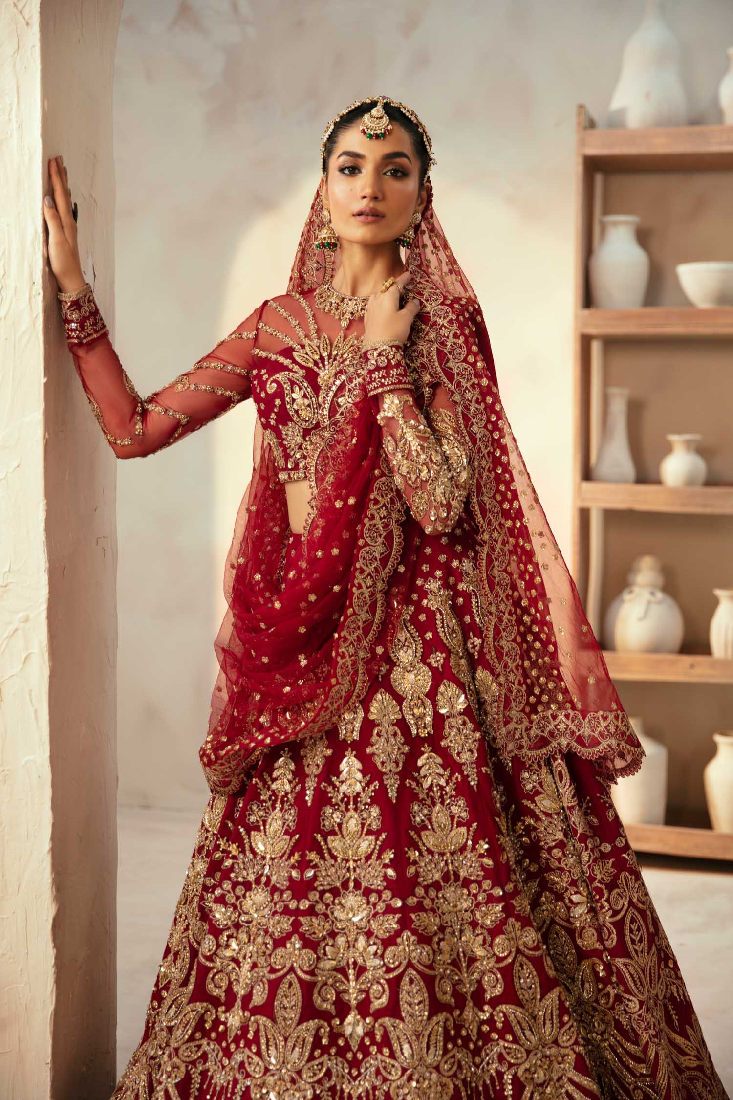 Deep Red Hand-Embellished Net Bridal Lehenga (3-Piece) - Image 7