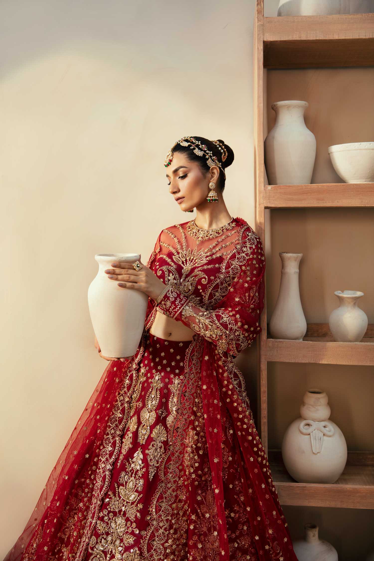 Deep Red Hand-Embellished Net Bridal Lehenga (3-Piece) - Image 8