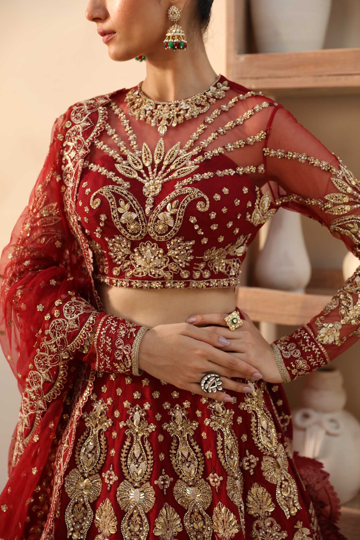Deep Red Hand-Embellished Net Bridal Lehenga (3-Piece) - Image 9