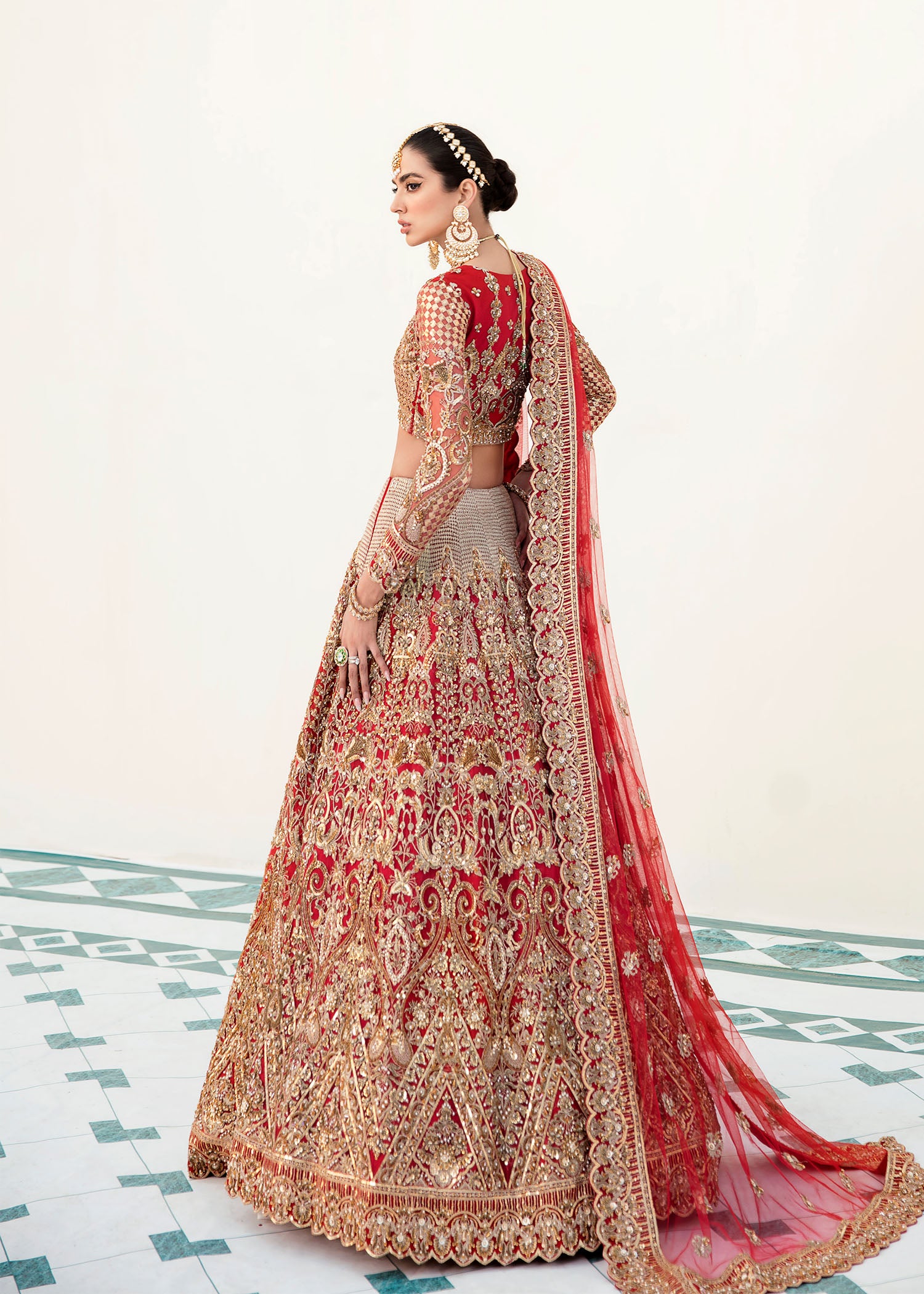 Crimson Red Hand-Embroidered Net Bridal Lehenga (3-Piece) - Image 2