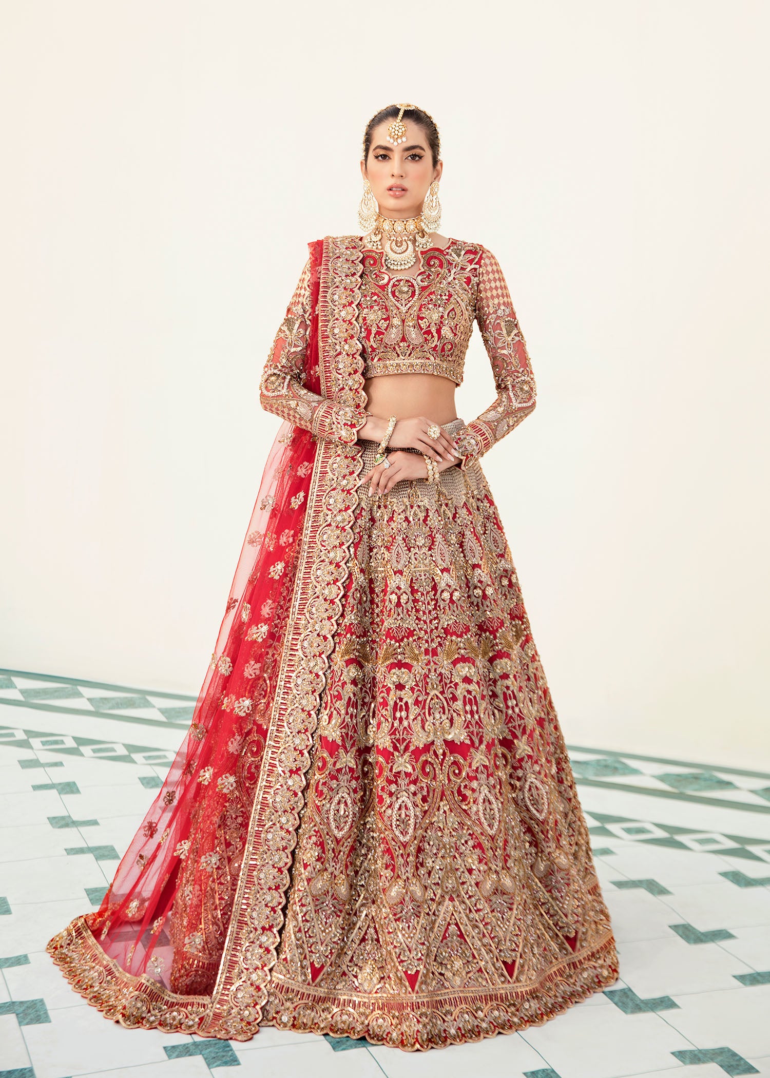 Crimson Red Hand-Embroidered Net Bridal Lehenga (3-Piece) - Image 3