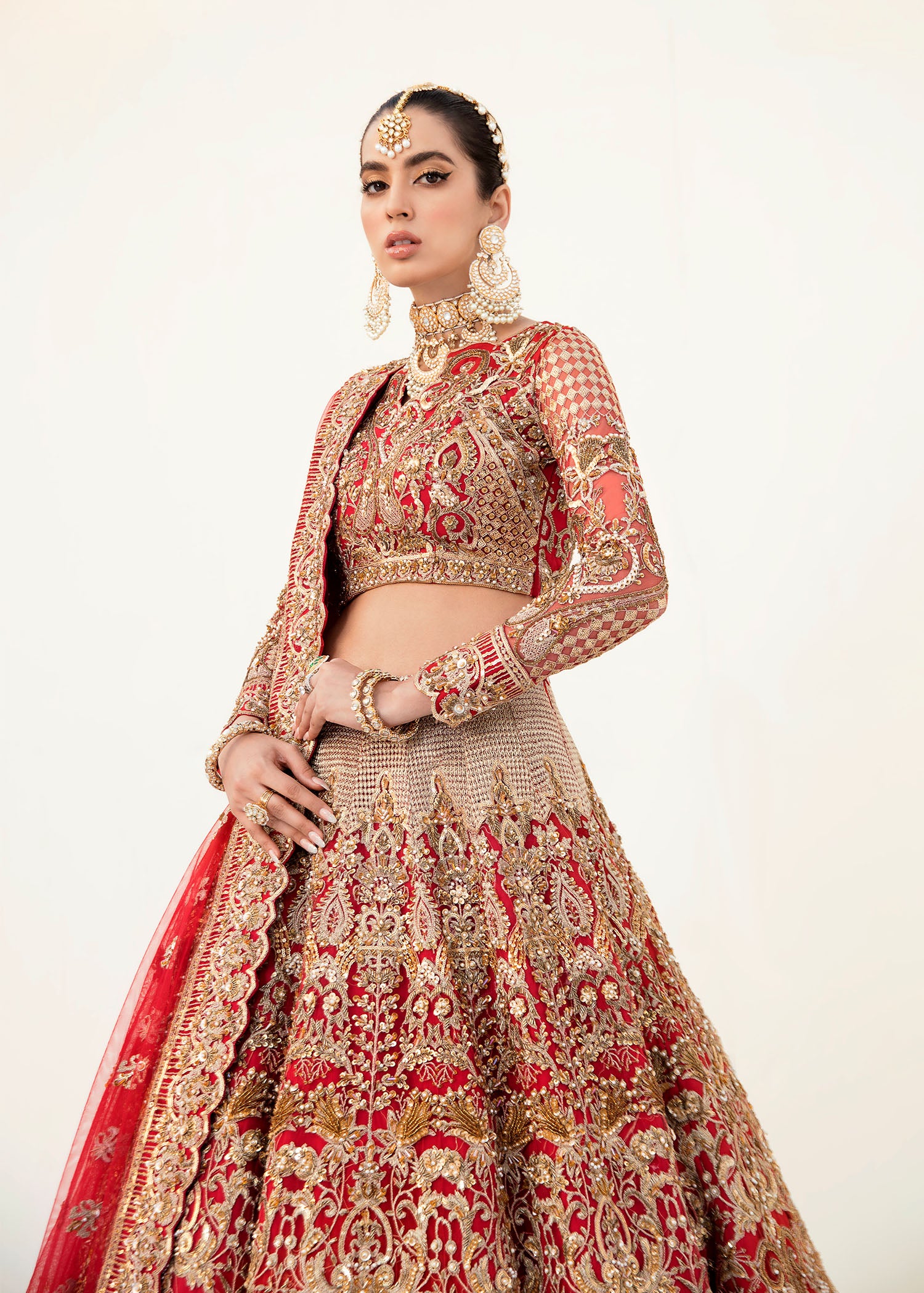 Crimson Red Hand-Embroidered Net Bridal Lehenga (3-Piece) - Image 4
