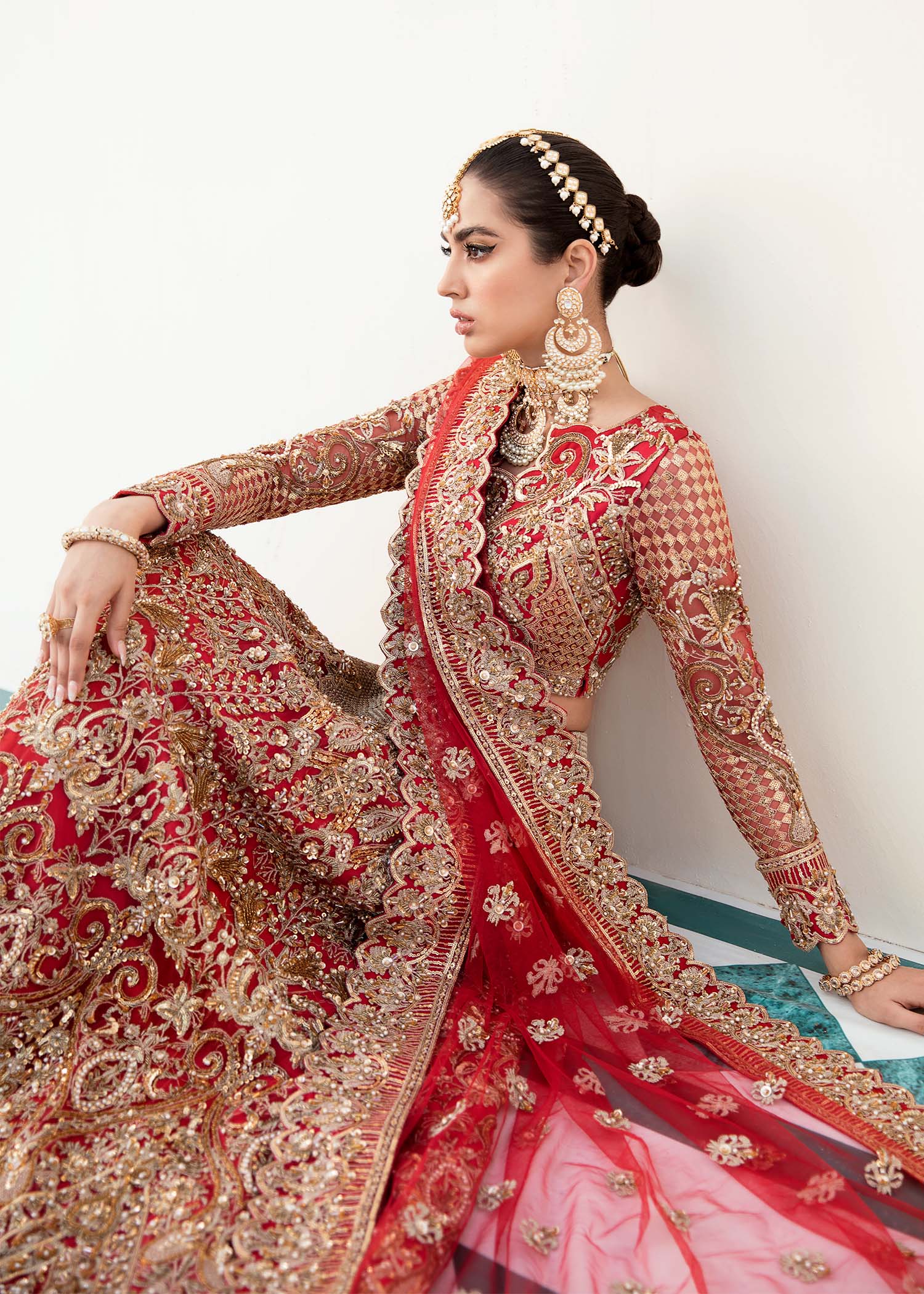 Crimson Red Hand-Embroidered Net Bridal Lehenga (3-Piece) - Image 5