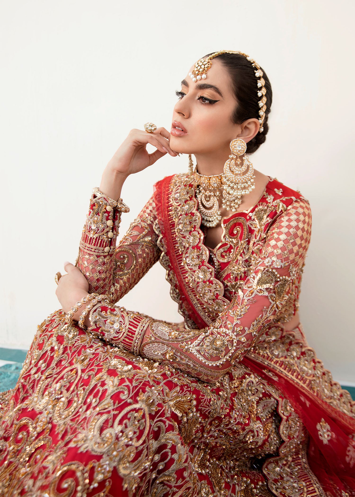 Crimson Red Hand-Embroidered Net Bridal Lehenga (3-Piece) - Image 6