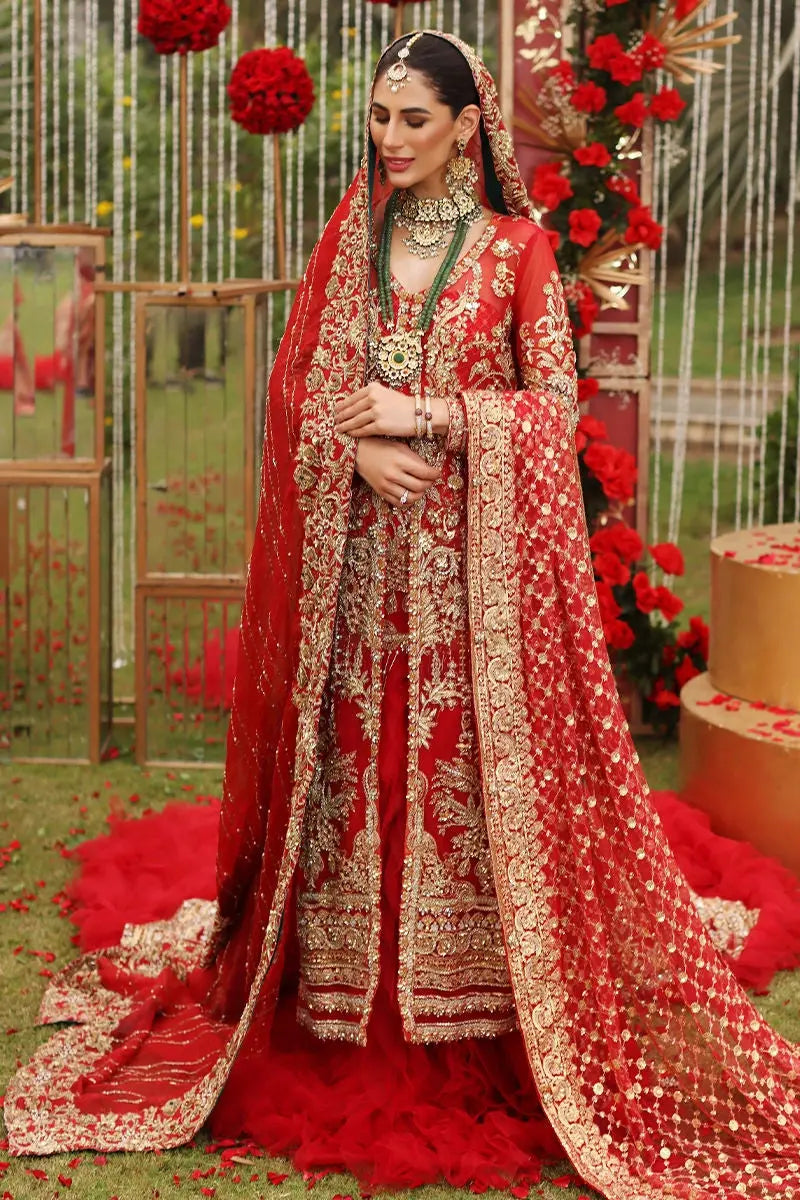 Red Zardozi Net Bridal Jacket Lehenga (3-Piece) - Image 11