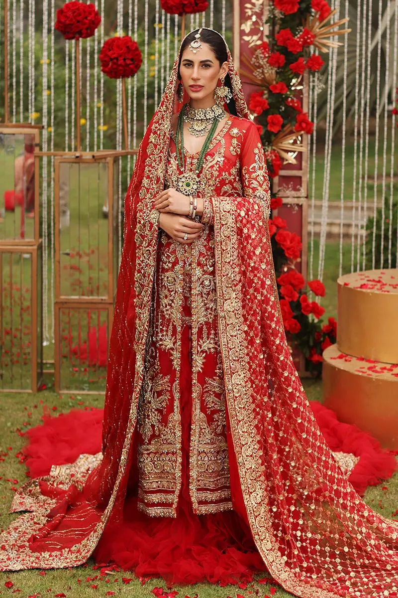 Red Zardozi Net Bridal Jacket Lehenga (3-Piece) - Image 2