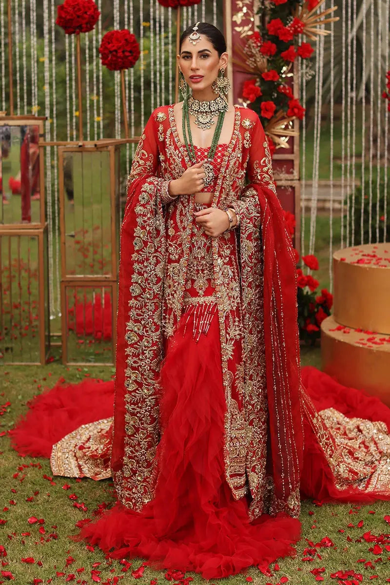 Red Zardozi Net Bridal Jacket Lehenga (3-Piece) - Image 3