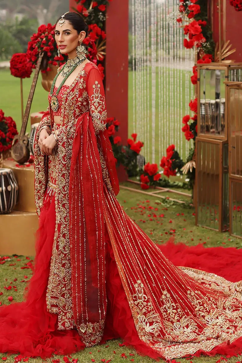 Red Zardozi Net Bridal Jacket Lehenga (3-Piece) - Image 4