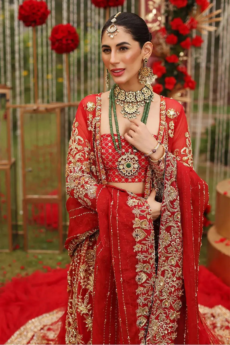 Red Zardozi Net Bridal Jacket Lehenga (3-Piece) - Image 7