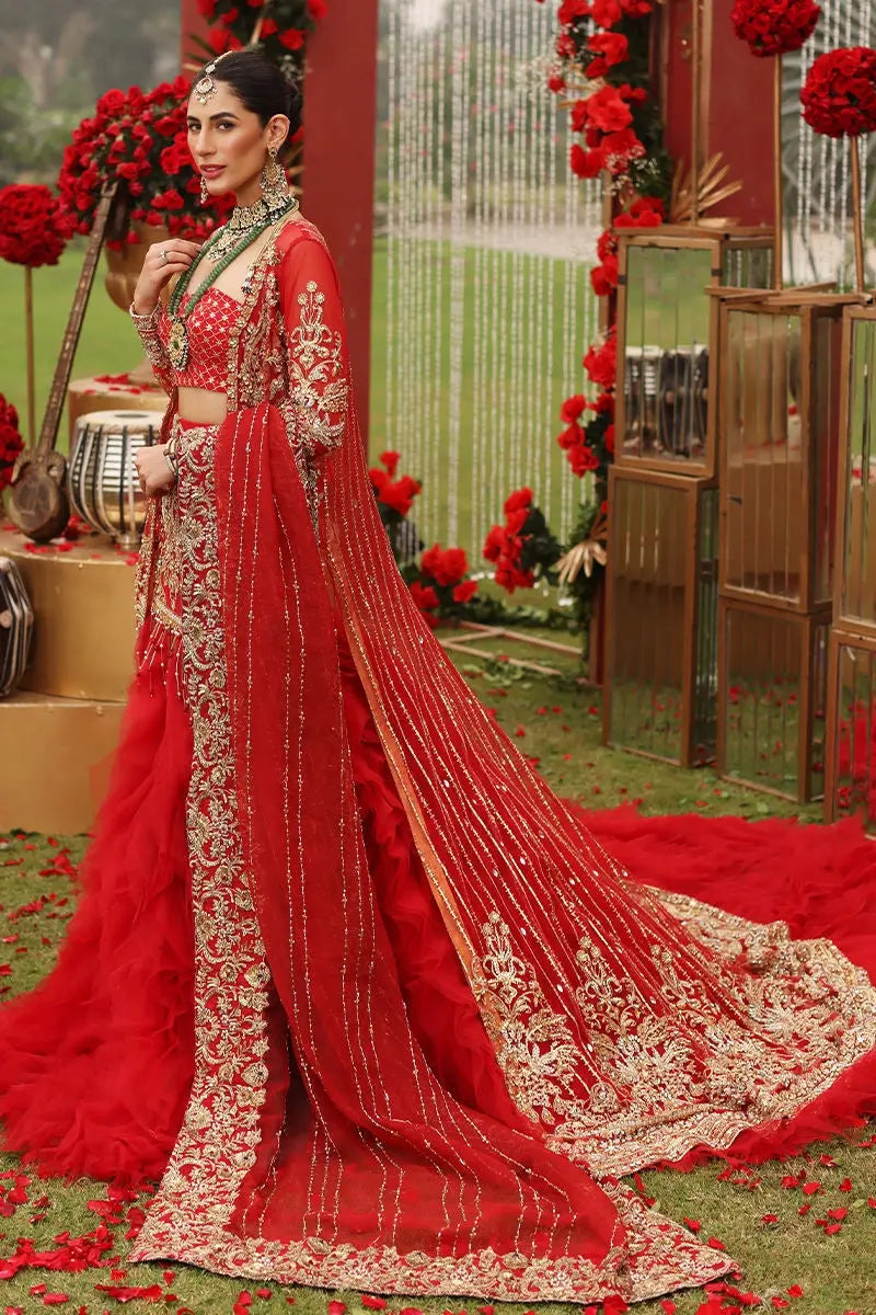 Red Zardozi Net Bridal Jacket Lehenga (3-Piece) - Image 8
