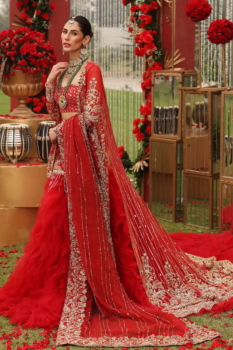 Red Zardozi Net Bridal Jacket Lehenga (3-Piece) - Image 9