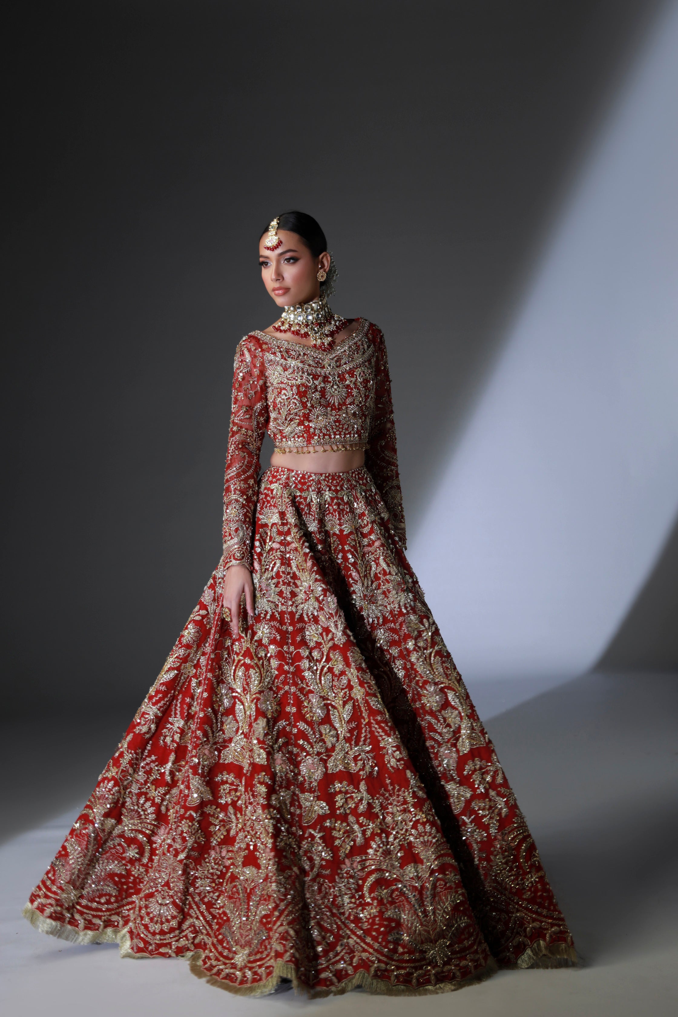Pakistani Scarlet Red Embroidered Net Bridal Lehenga (3-Piece) - Image 1