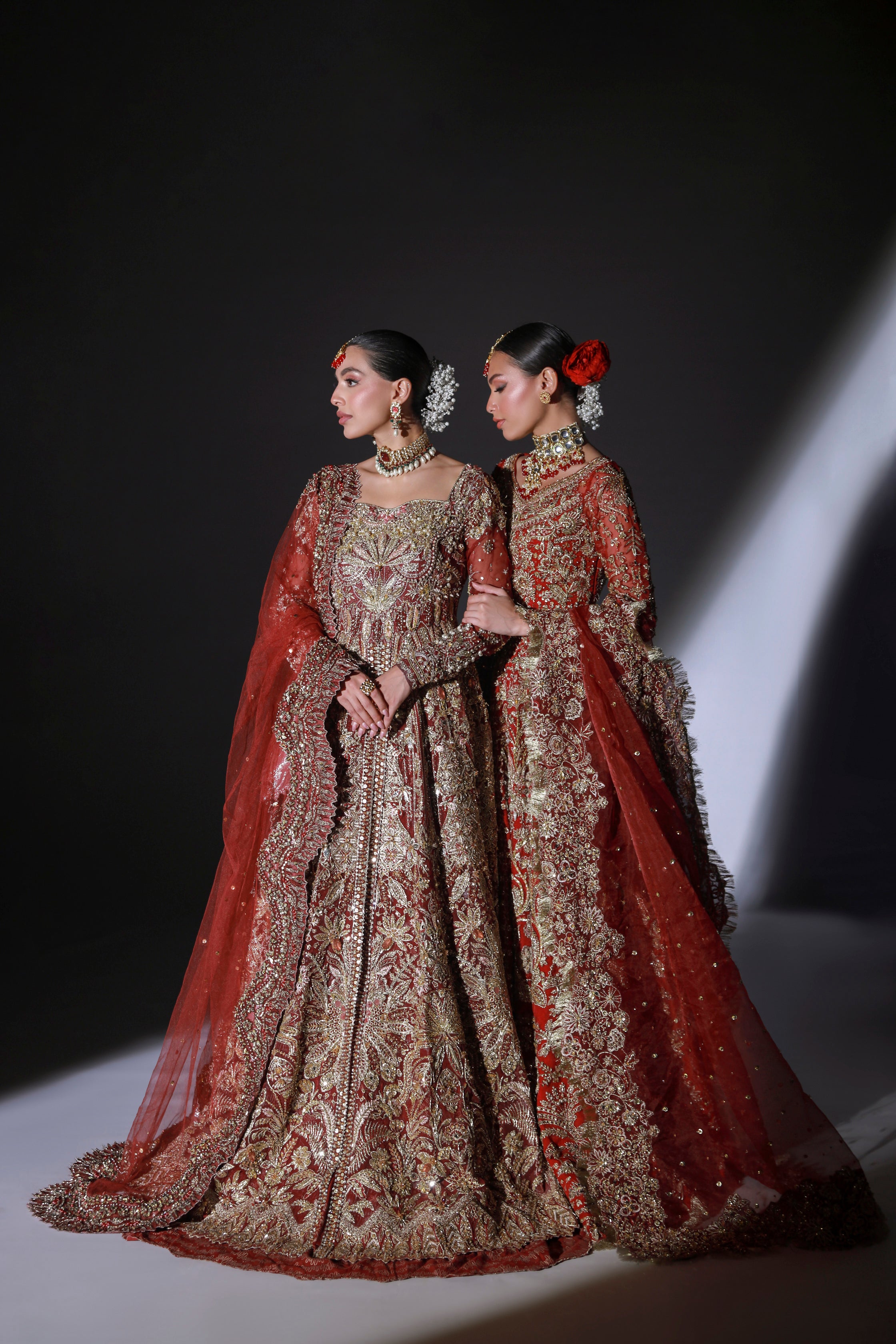 Pakistani Scarlet Red Embroidered Net Bridal Lehenga (3-Piece) - Image 10