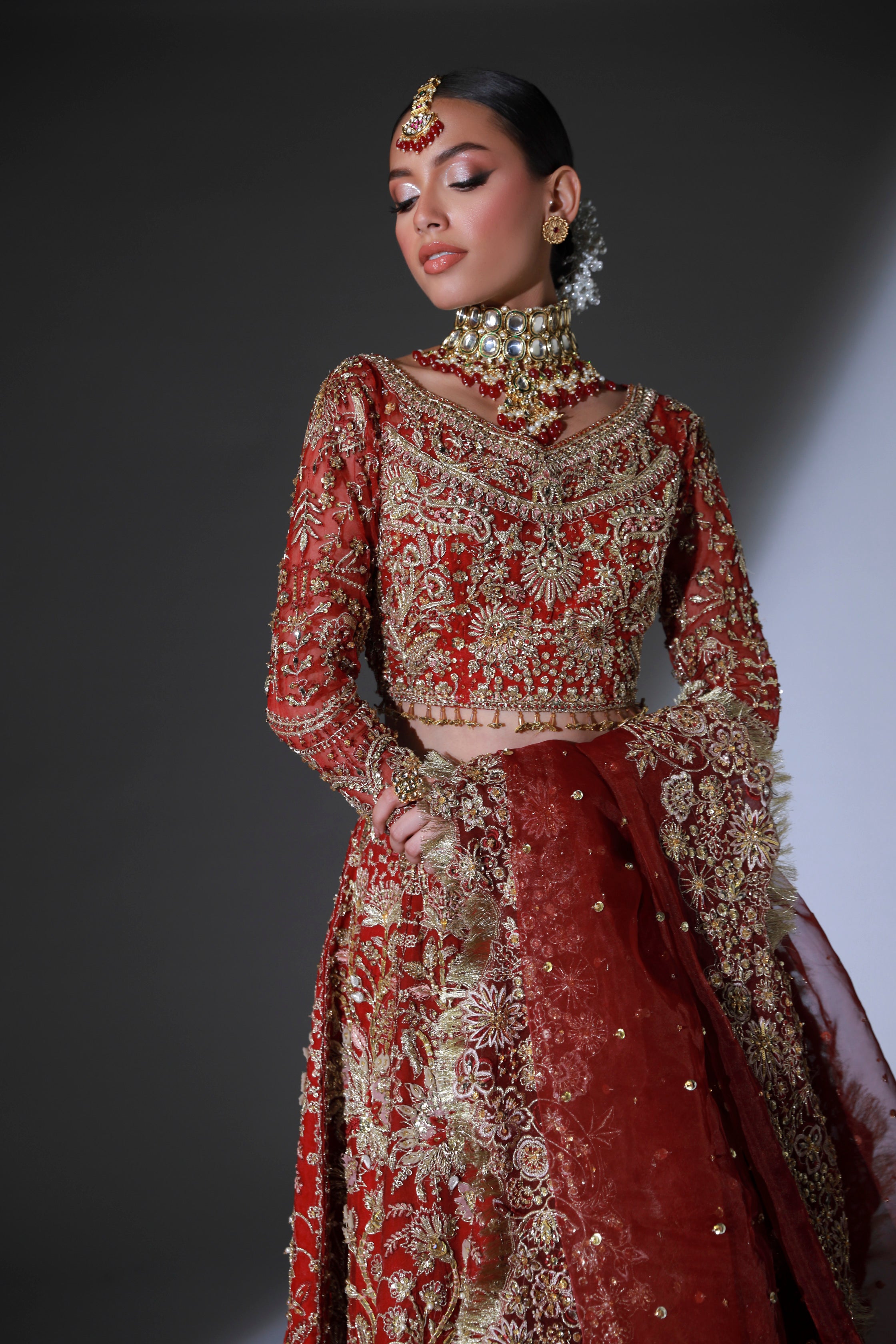 Pakistani Scarlet Red Embroidered Net Bridal Lehenga (3-Piece) - Image 2