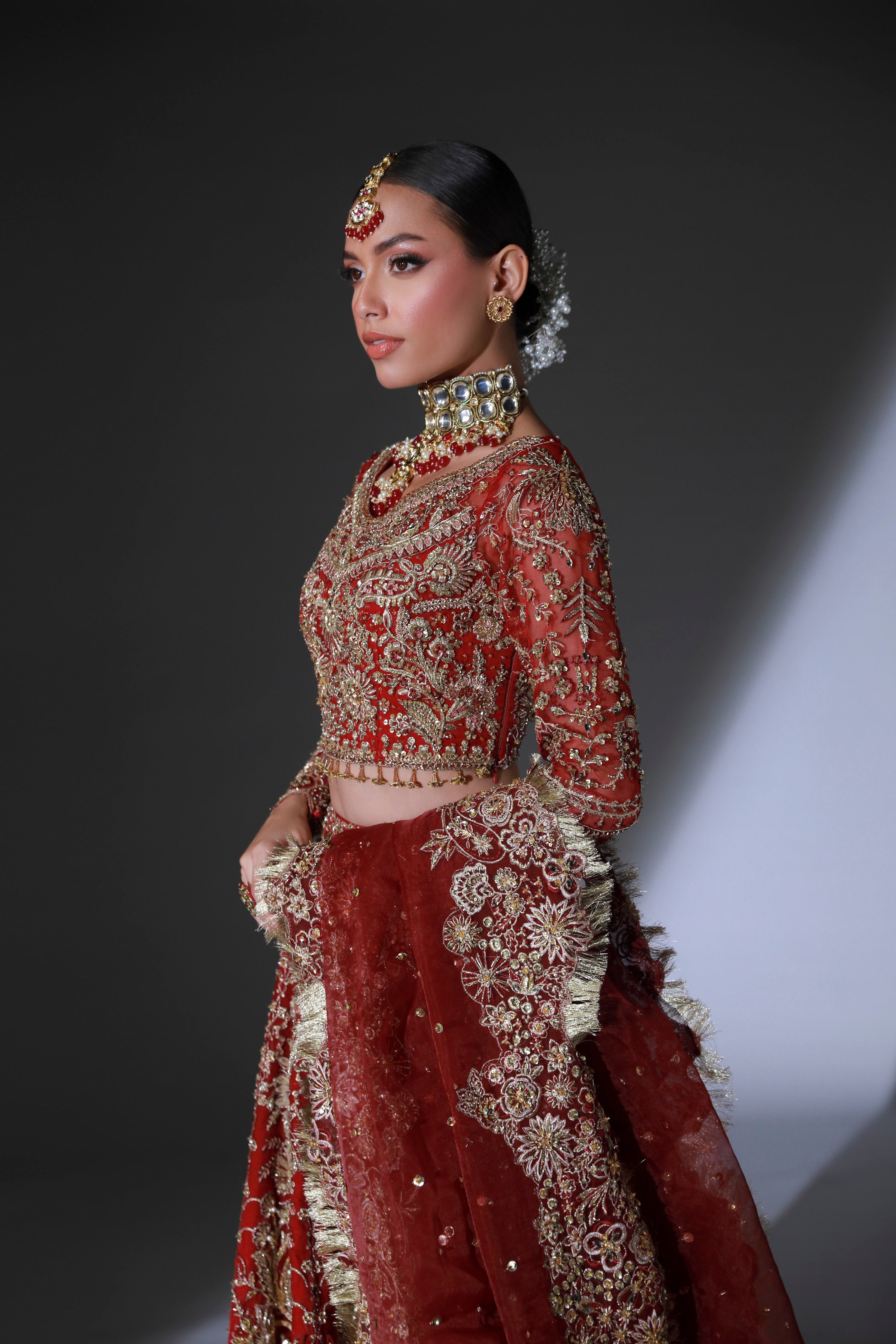 Pakistani Scarlet Red Embroidered Net Bridal Lehenga (3-Piece) - Image 3