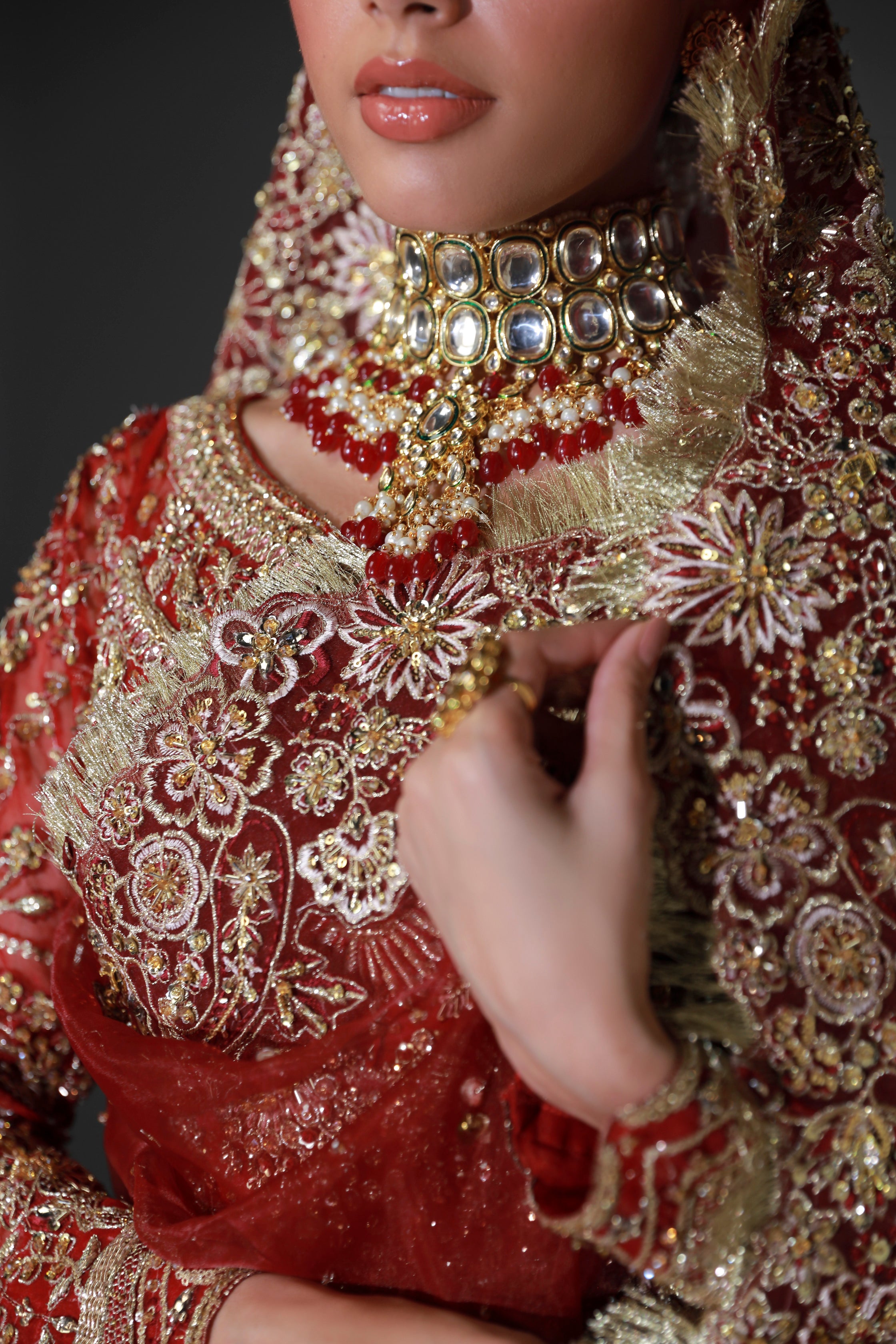 Pakistani Scarlet Red Embroidered Net Bridal Lehenga (3-Piece) - Image 5