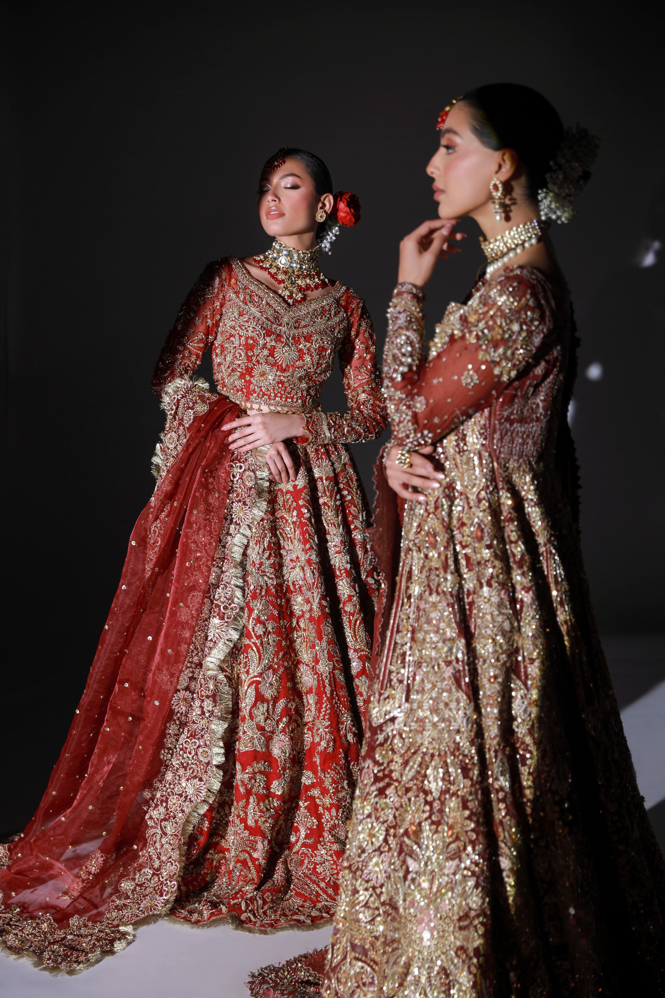 Pakistani Scarlet Red Embroidered Net Bridal Lehenga (3-Piece) - Image 9