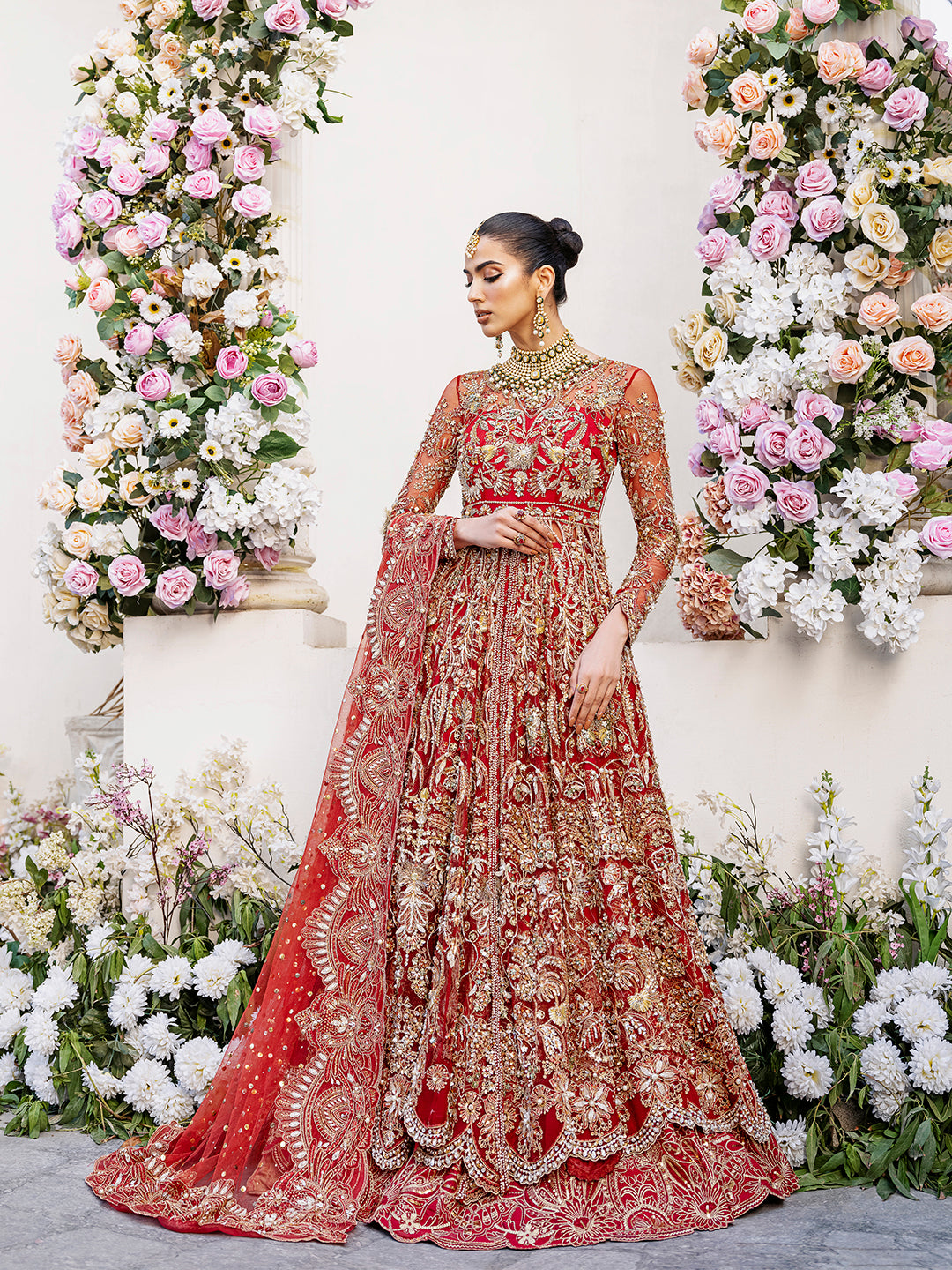 Pakistani Deep Red Zardozi Net Bridal Lehenga (3-Piece) - Image 1
