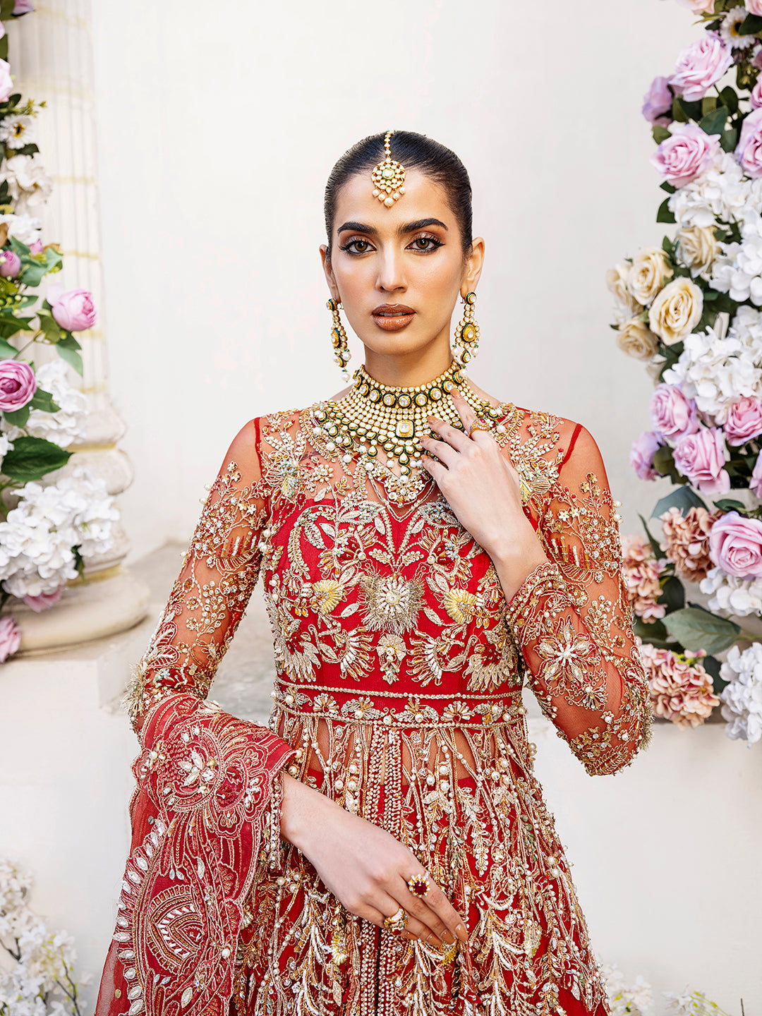 Pakistani Deep Red Zardozi Net Bridal Lehenga (3-Piece) - Image 2