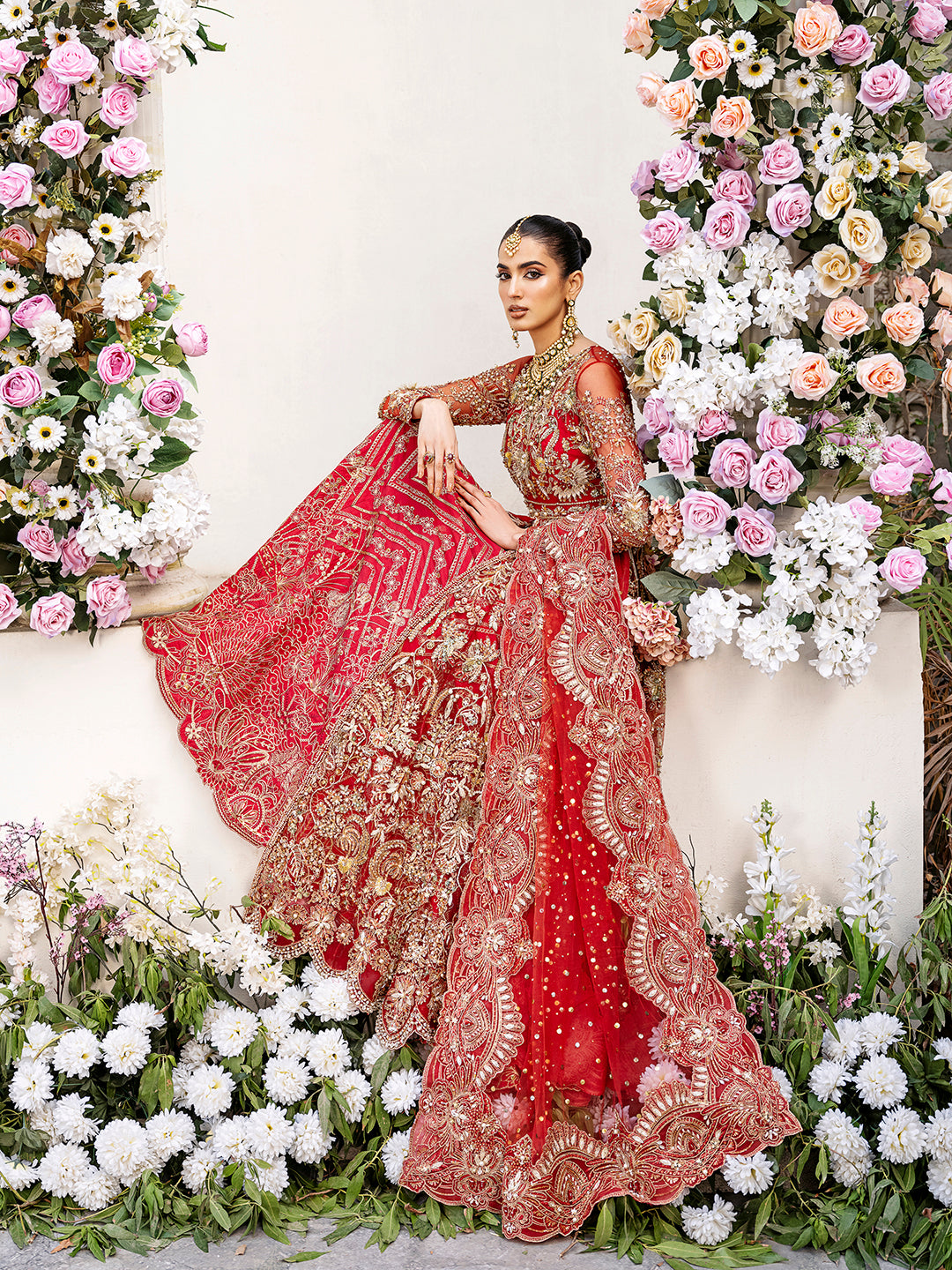 Pakistani Deep Red Zardozi Net Bridal Lehenga (3-Piece) - Image 3