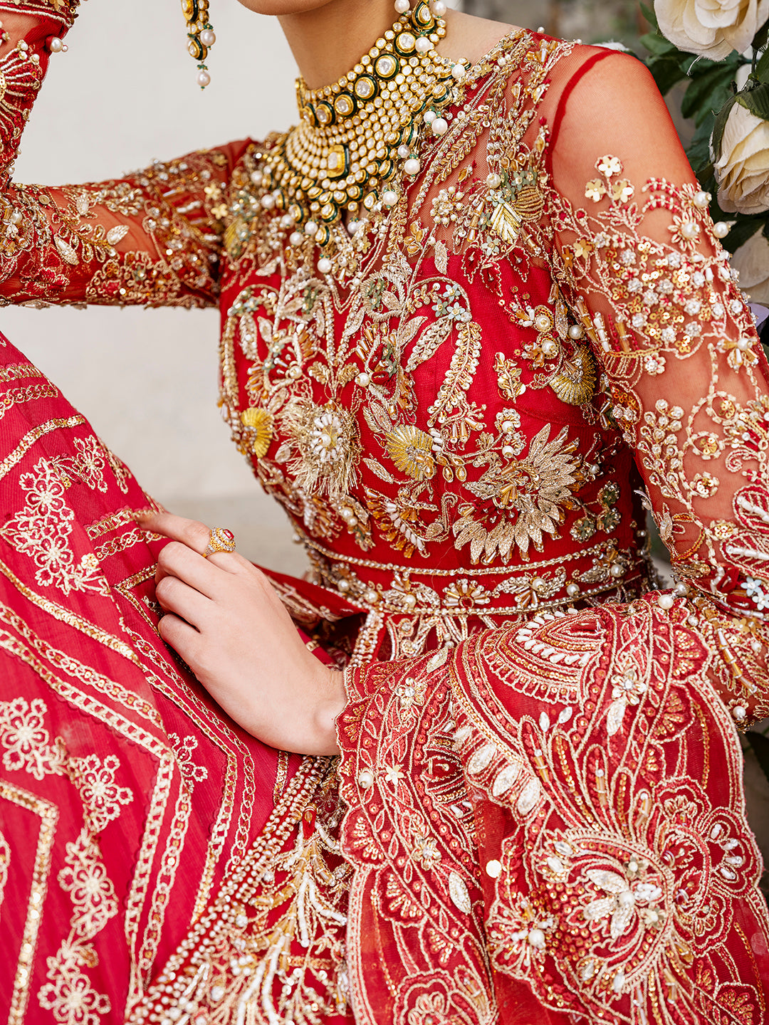 Pakistani Deep Red Zardozi Net Bridal Lehenga (3-Piece) - Image 4