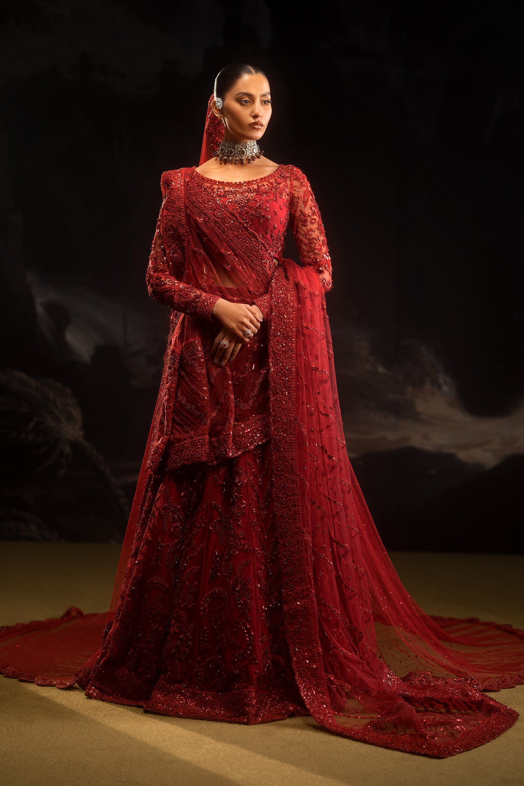 Red Embellished Net Lehenga Choli (5-Piece) - Image 1